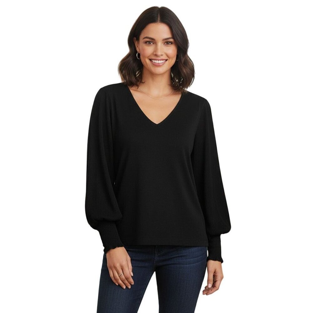Calvin Klein V Neck Balloon Pleated Sleeve Blouse Black Size M